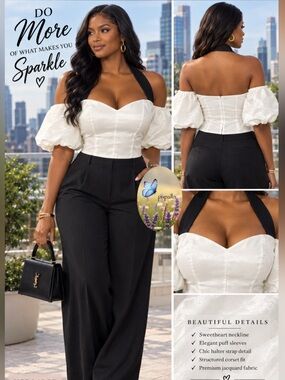 New York Co. New with tags Ivory Puff Sleeve Satin Halter Top with Black Strap